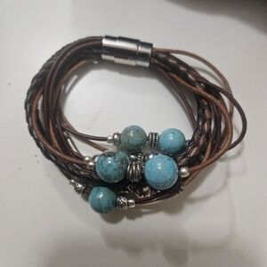 Brown Leather Bracelet with Turquiose beads and Silver